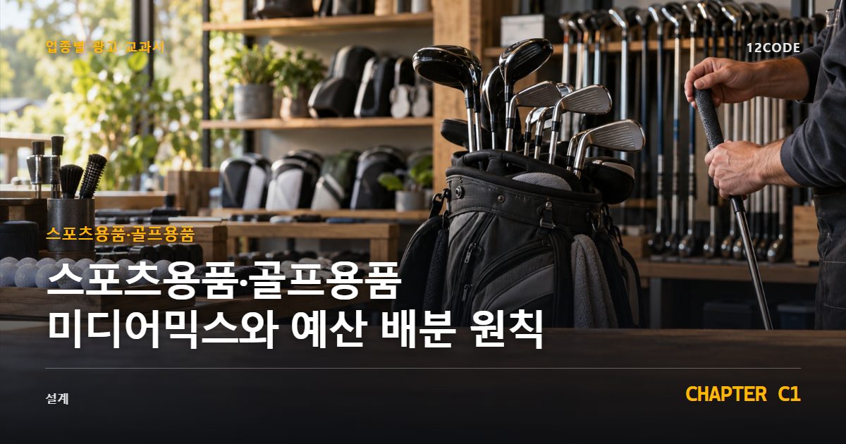스포츠용품·골프용품 업종별 광고 교과서 C1장, 미디어믹스와 예산 배분 원칙을 안내하는 표지 이미지