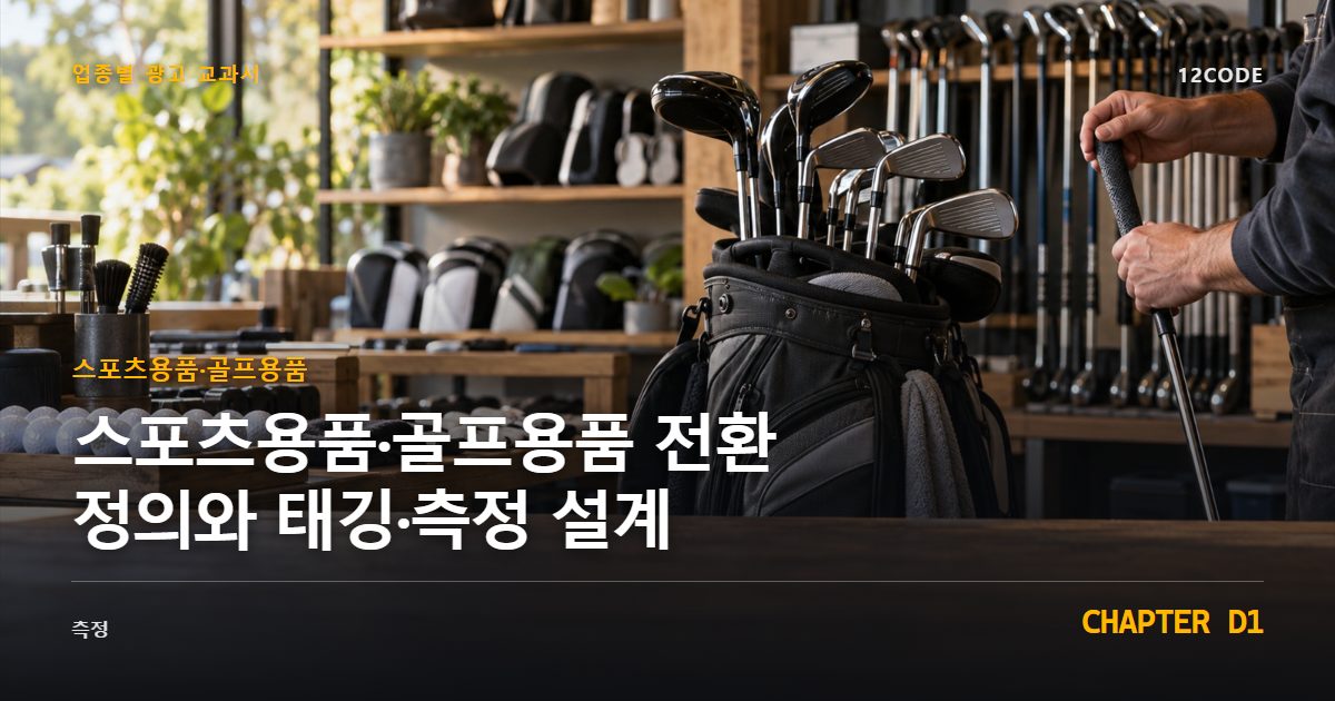 스포츠용품·골프용품 업종별 광고 교과서 D1장, 전환 정의와 태깅·측정 설계을 안내하는 표지 이미지