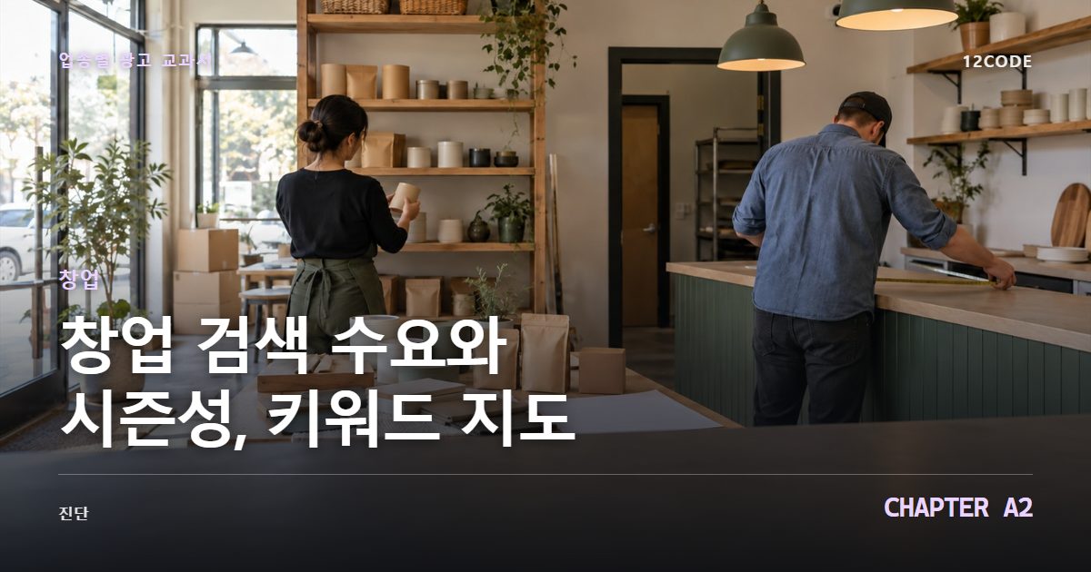 창업 업종별 광고 교과서 A2장, 검색 수요와 시즌성, 키워드 지도을 안내하는 표지 이미지