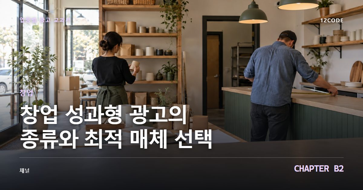 창업 업종별 광고 교과서 B2장, 성과형 광고의 종류와 최적 매체 선택을 안내하는 표지 이미지