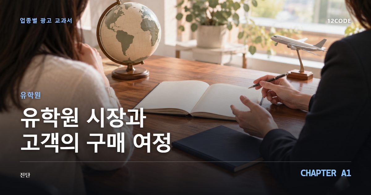 유학원 업종별 광고 교과서 A1장, 시장과 고객의 구매 여정을 안내하는 표지 이미지
