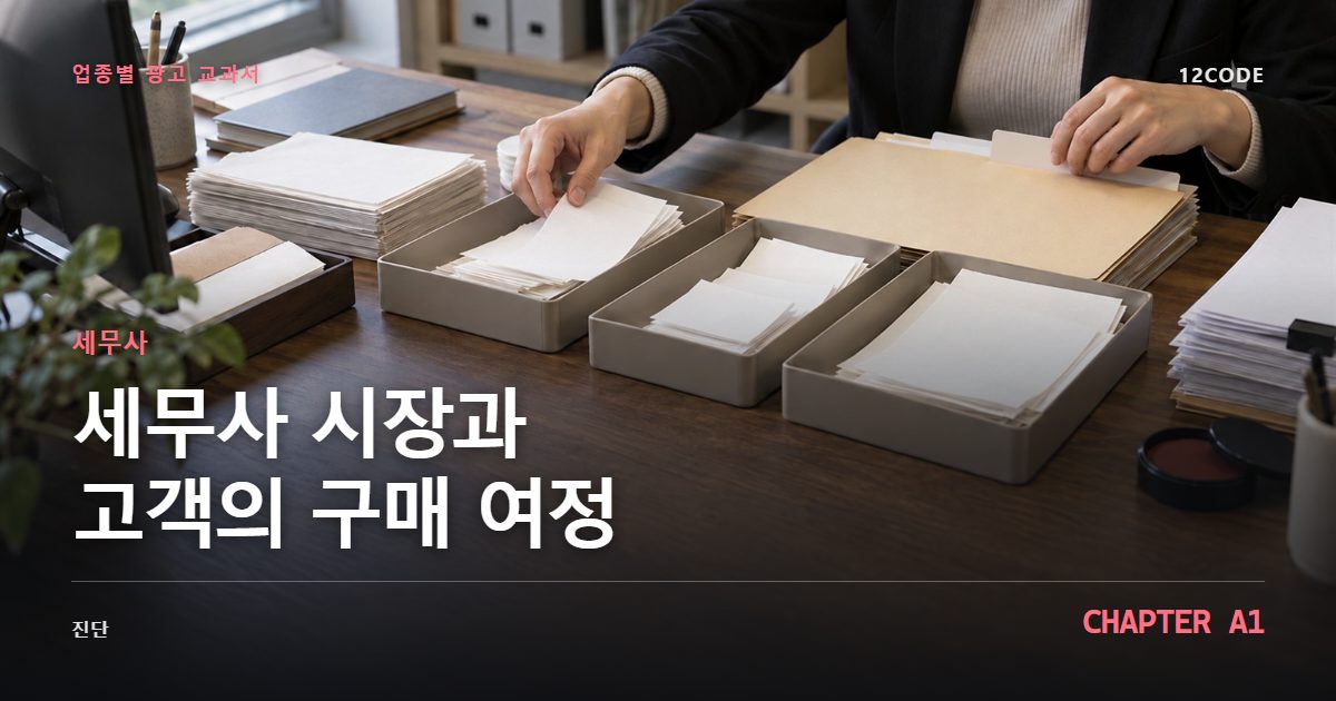 세무사 업종별 광고 교과서 A1장, 시장과 고객의 구매 여정을 안내하는 표지 이미지