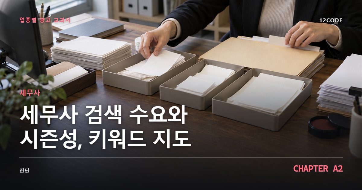 세무사 업종별 광고 교과서 A2장, 검색 수요와 시즌성, 키워드 지도을 안내하는 표지 이미지