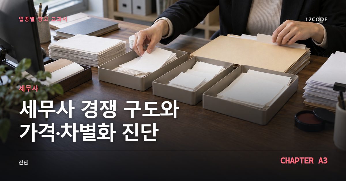 세무사 업종별 광고 교과서 A3장, 경쟁 구도와 가격·차별화 진단을 안내하는 표지 이미지