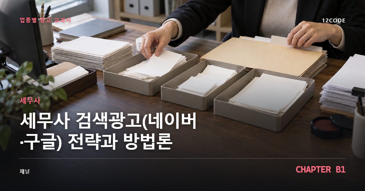 세무사 업종별 광고 교과서 B1장, 검색광고(네이버·구글) 전략과 방법론을 안내하는 표지 이미지