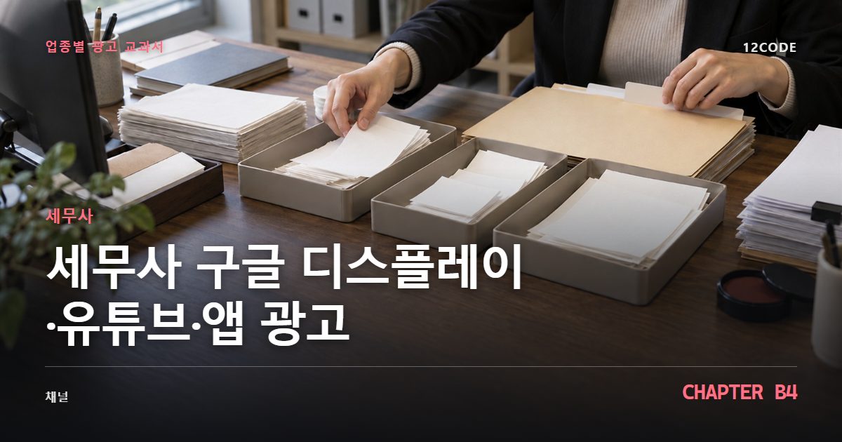 세무사 업종별 광고 교과서 B4장, 구글 디스플레이·유튜브·앱 광고을 안내하는 표지 이미지
