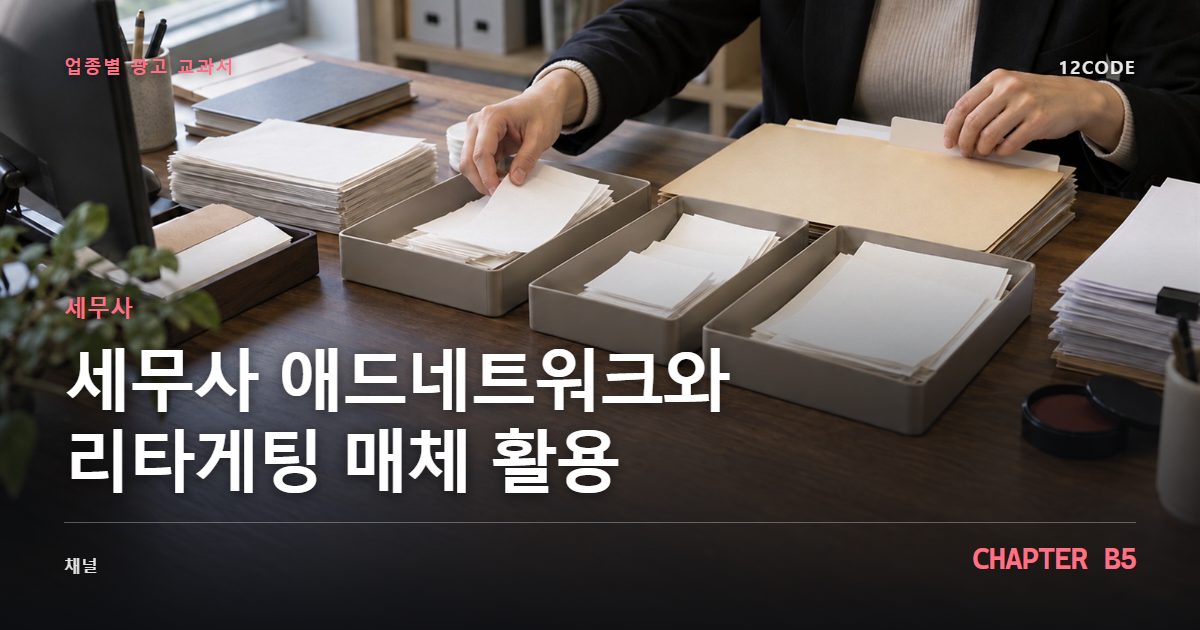 세무사 업종별 광고 교과서 B5장, 애드네트워크와 리타게팅 매체 활용을 안내하는 표지 이미지
