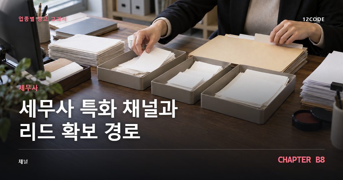 세무사 업종별 광고 교과서 B8장, 특화 채널과 리드 확보 경로을 안내하는 표지 이미지