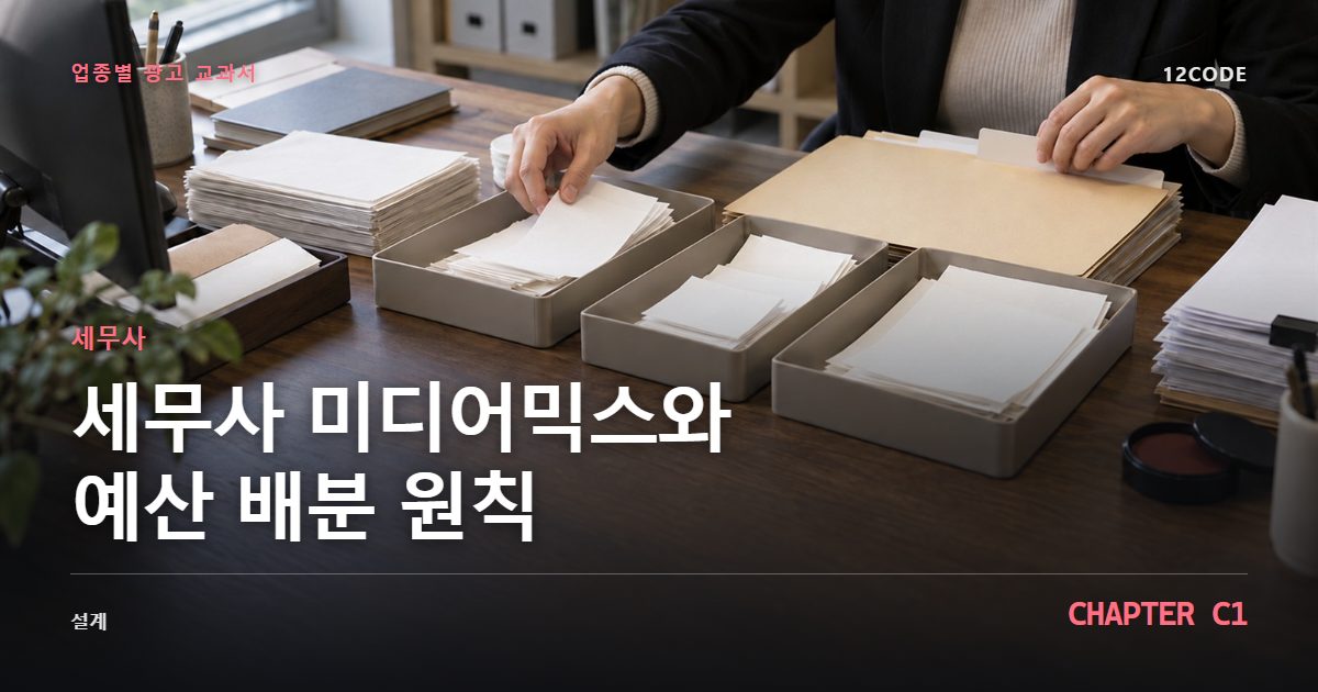 세무사 업종별 광고 교과서 C1장, 미디어믹스와 예산 배분 원칙을 안내하는 표지 이미지