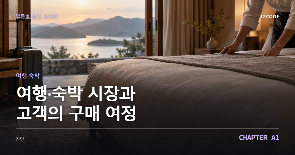여행·숙박 업종별 광고 교과서 A1장, 시장과 고객의 구매 여정을 안내하는 표지 이미지