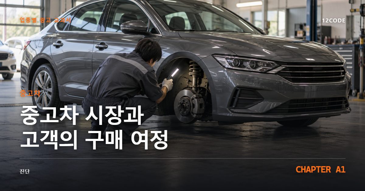 중고차 업종별 광고 교과서 A1장, 시장과 고객의 구매 여정을 안내하는 표지 이미지