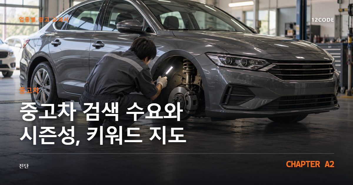 중고차 업종별 광고 교과서 A2장, 검색 수요와 시즌성, 키워드 지도을 안내하는 표지 이미지