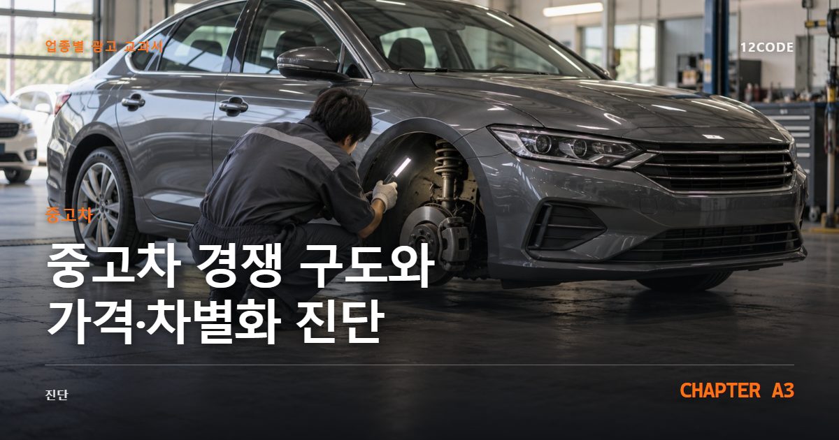 중고차 업종별 광고 교과서 A3장, 경쟁 구도와 가격·차별화 진단을 안내하는 표지 이미지