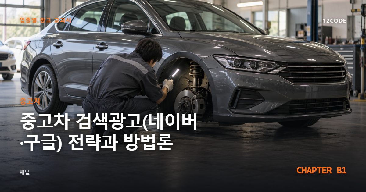 중고차 업종별 광고 교과서 B1장, 검색광고(네이버·구글) 전략과 방법론을 안내하는 표지 이미지