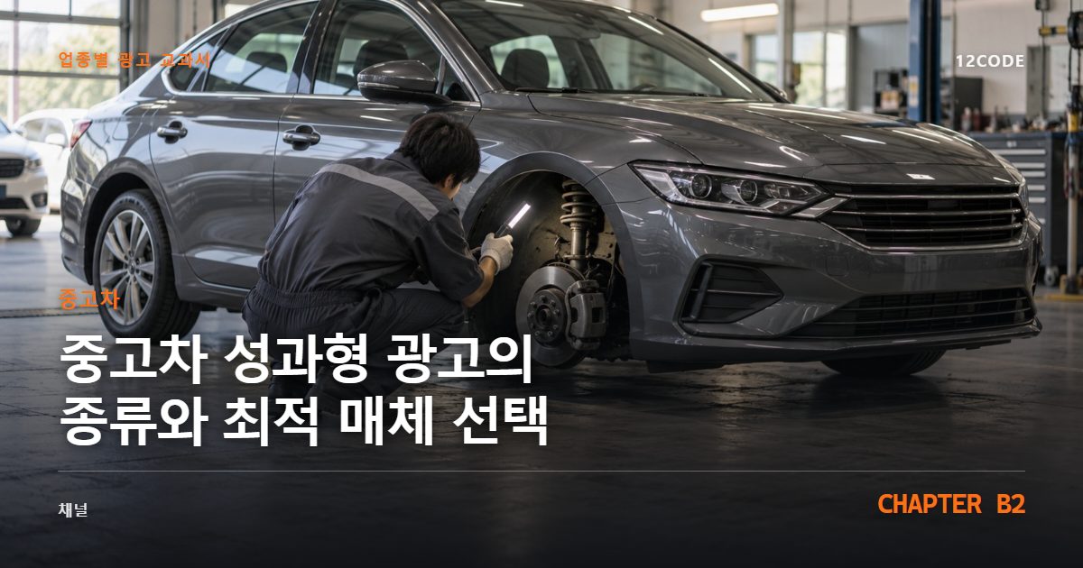 중고차 업종별 광고 교과서 B2장, 성과형 광고의 종류와 최적 매체 선택을 안내하는 표지 이미지