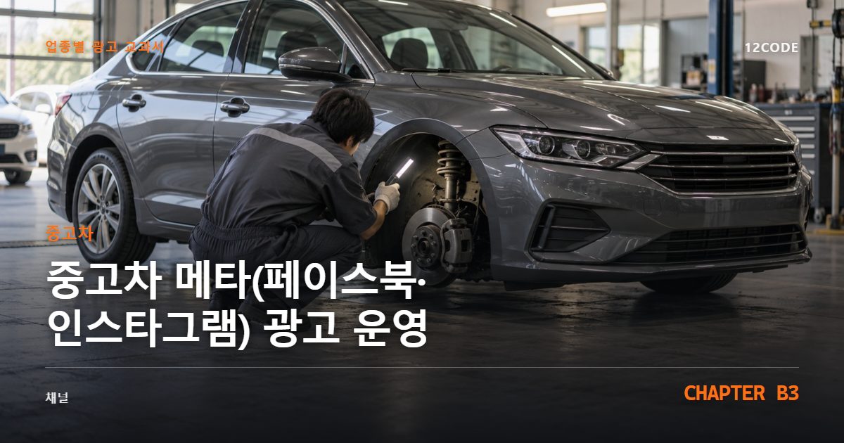중고차 업종별 광고 교과서 B3장, 메타(페이스북·인스타그램) 광고 운영을 안내하는 표지 이미지