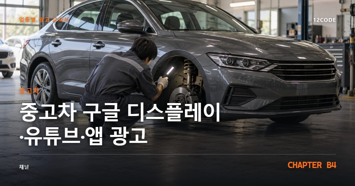 중고차 업종별 광고 교과서 B4장, 구글 디스플레이·유튜브·앱 광고을 안내하는 표지 이미지