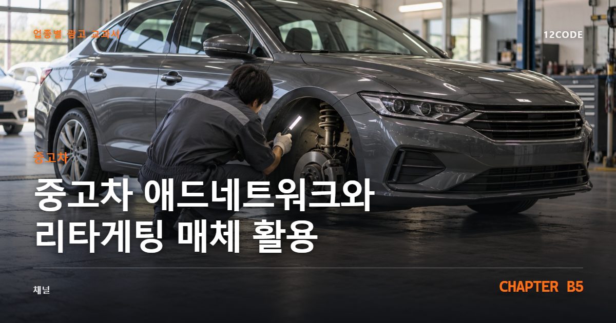 중고차 업종별 광고 교과서 B5장, 애드네트워크와 리타게팅 매체 활용을 안내하는 표지 이미지