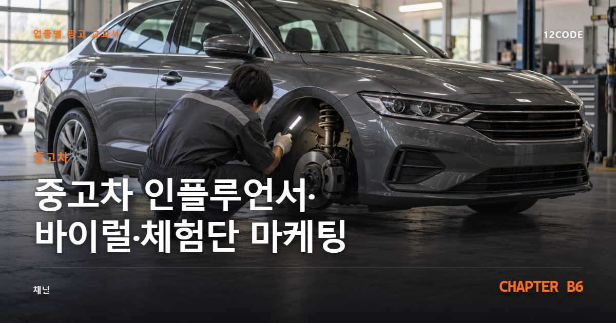 중고차 업종별 광고 교과서 B6장, 인플루언서·바이럴·체험단 마케팅을 안내하는 표지 이미지