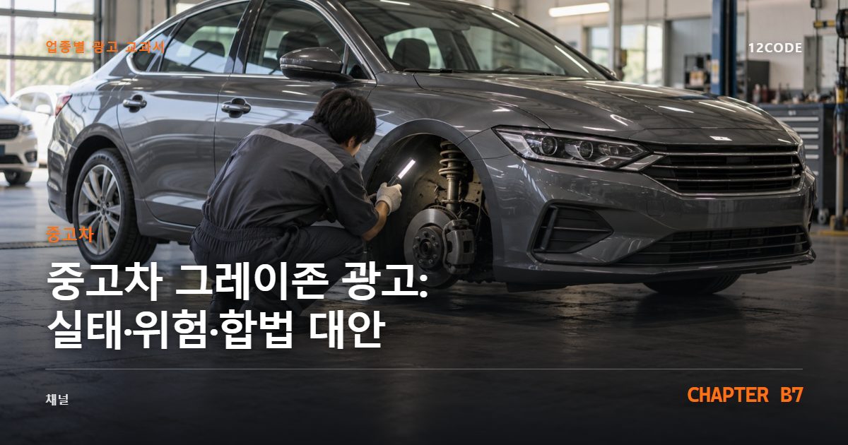 중고차 업종별 광고 교과서 B7장, 그레이존 광고: 실태·위험·합법 대안을 안내하는 표지 이미지
