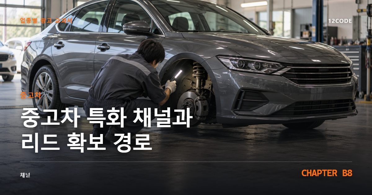 중고차 업종별 광고 교과서 B8장, 특화 채널과 리드 확보 경로을 안내하는 표지 이미지