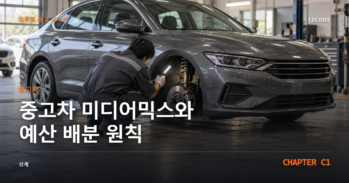 중고차 업종별 광고 교과서 C1장, 미디어믹스와 예산 배분 원칙을 안내하는 표지 이미지