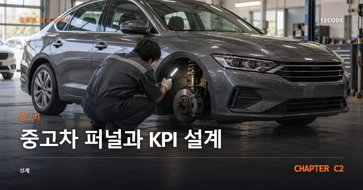 중고차 업종별 광고 교과서 C2장, 퍼널과 KPI 설계을 안내하는 표지 이미지