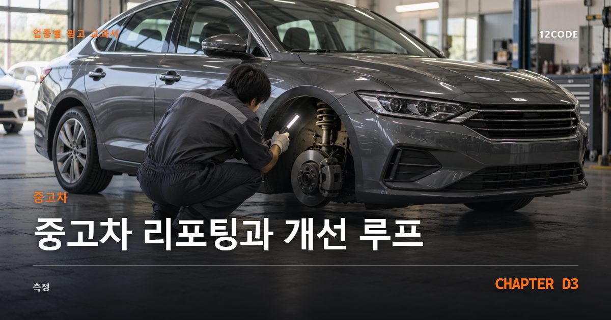 중고차 업종별 광고 교과서 D3장, 리포팅과 개선 루프을 안내하는 표지 이미지
