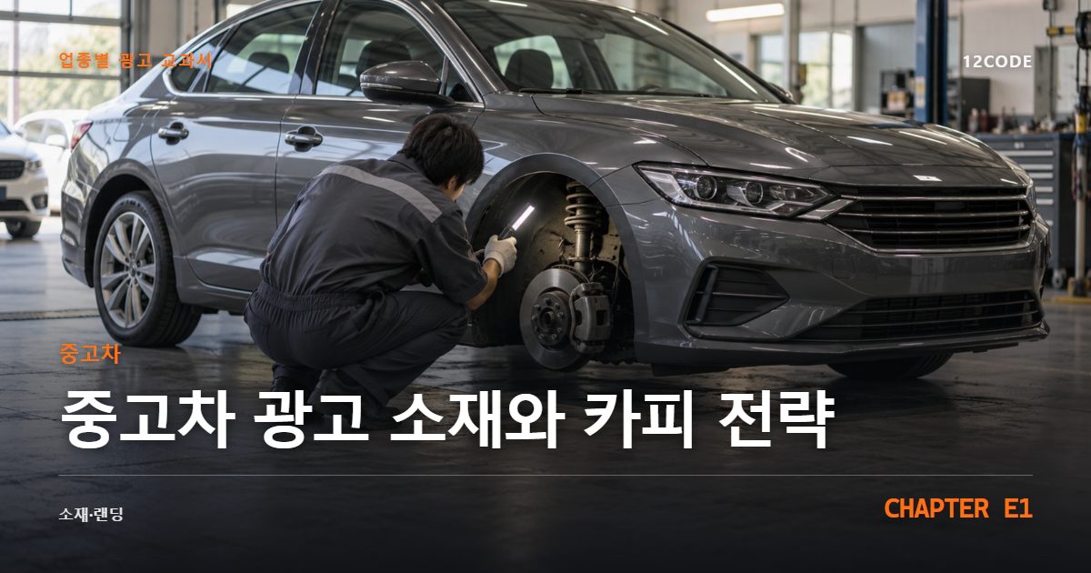 중고차 업종별 광고 교과서 E1장, 광고 소재와 카피 전략을 안내하는 표지 이미지