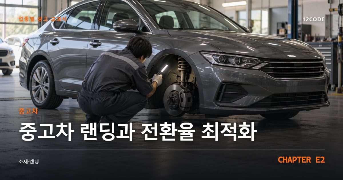중고차 업종별 광고 교과서 E2장, 랜딩과 전환율 최적화을 안내하는 표지 이미지