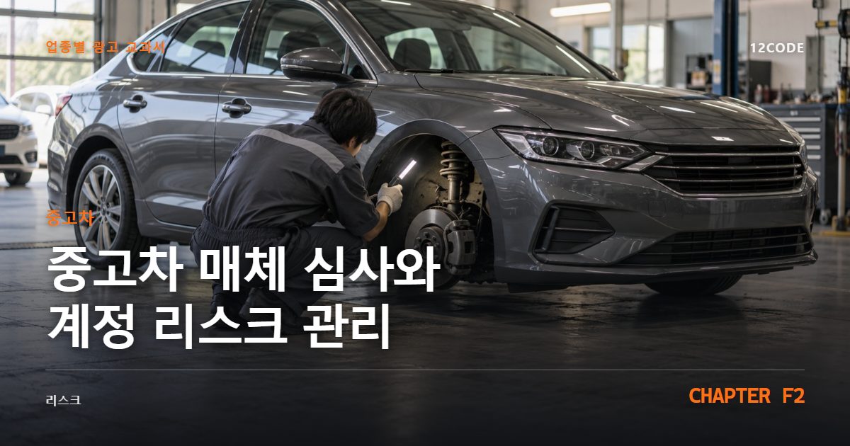중고차 업종별 광고 교과서 F2장, 매체 심사와 계정 리스크 관리을 안내하는 표지 이미지