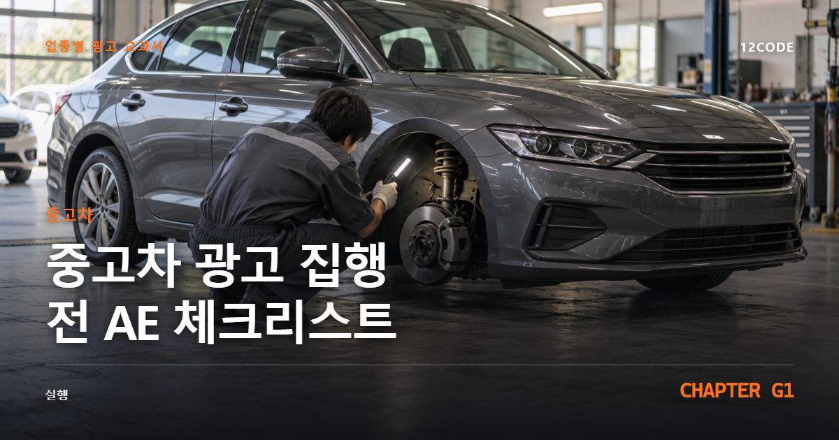 중고차 업종별 광고 교과서 G1장, 광고 집행 전 AE 체크리스트을 안내하는 표지 이미지
