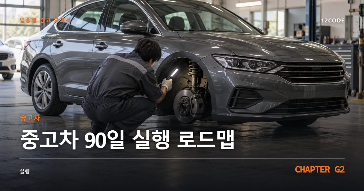 중고차 업종별 광고 교과서 G2장, 90일 실행 로드맵을 안내하는 표지 이미지