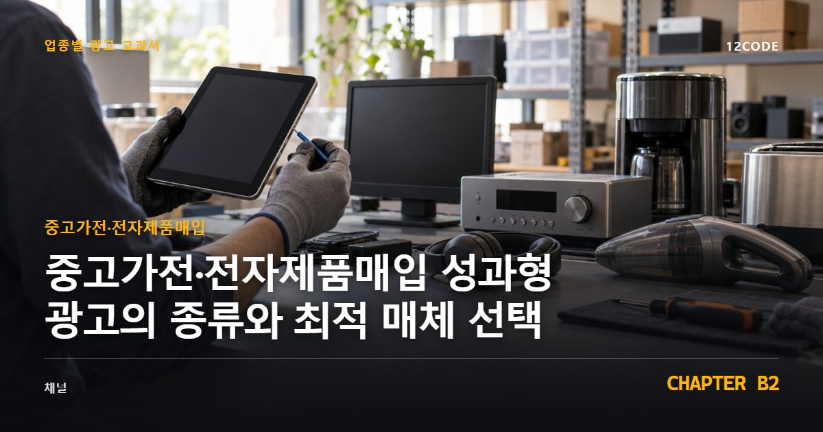 중고가전·전자제품매입 업종별 광고 교과서 B2장, 성과형 광고의 종류와 최적 매체 선택을 안내하는 표지 이미지
