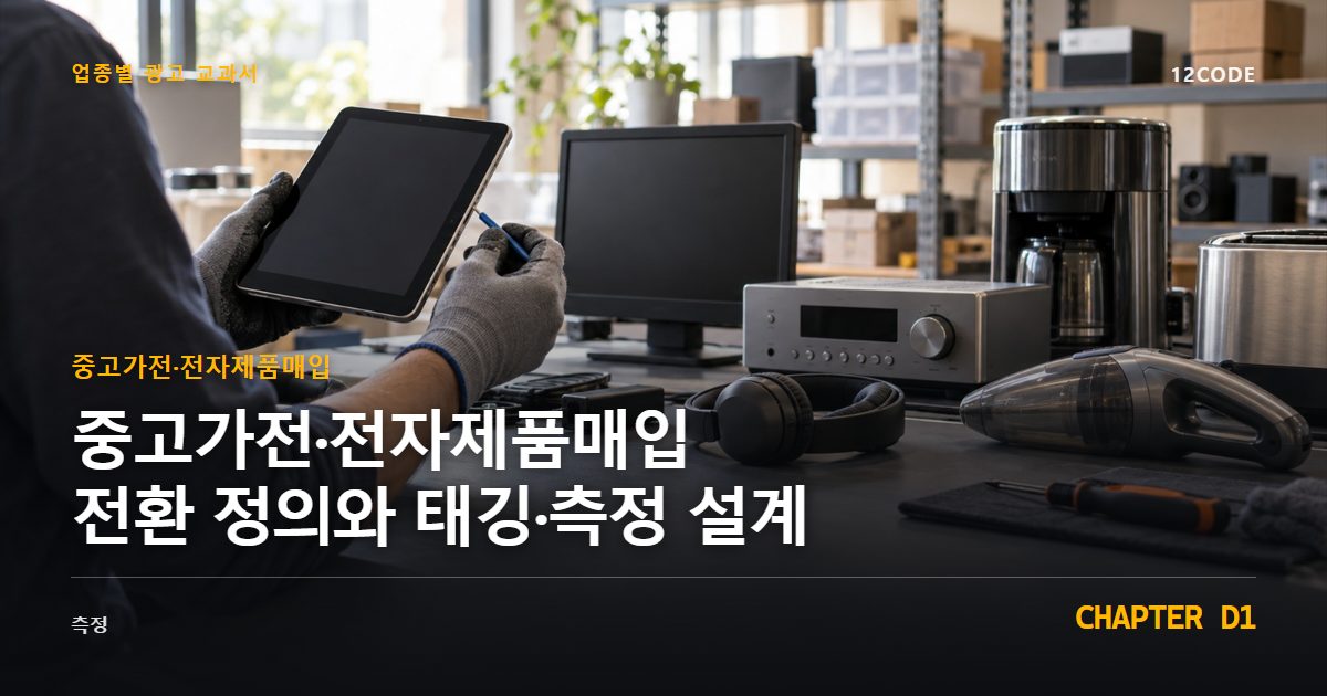 중고가전·전자제품매입 업종별 광고 교과서 D1장, 전환 정의와 태깅·측정 설계을 안내하는 표지 이미지