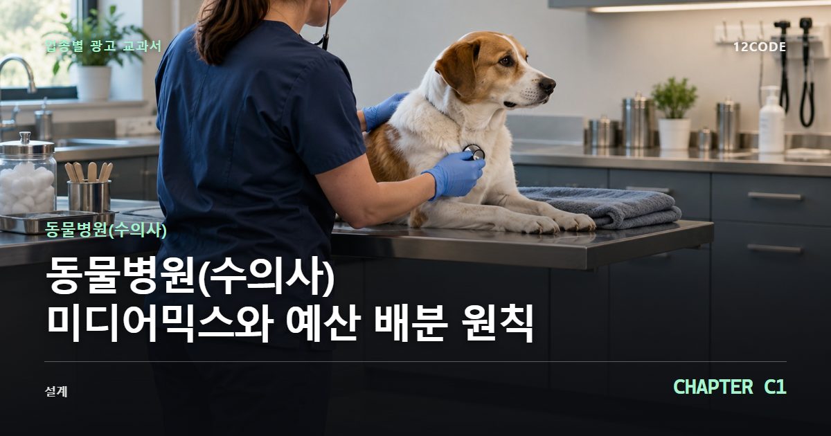 동물병원(수의사) 업종별 광고 교과서 C1장, 미디어믹스와 예산 배분 원칙을 안내하는 표지 이미지