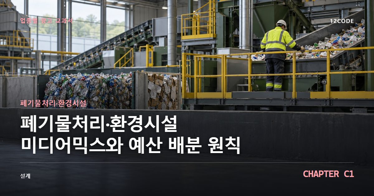 폐기물처리·환경시설 업종별 광고 교과서 C1장, 미디어믹스와 예산 배분 원칙을 안내하는 표지 이미지