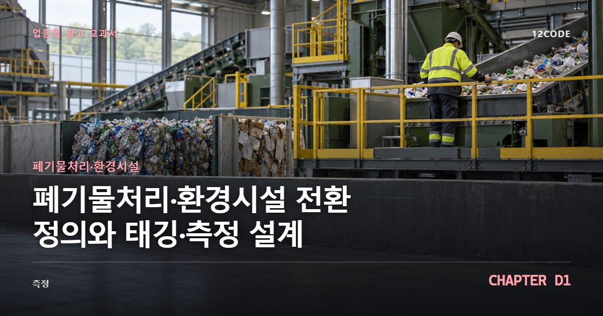 폐기물처리·환경시설 업종별 광고 교과서 D1장, 전환 정의와 태깅·측정 설계을 안내하는 표지 이미지