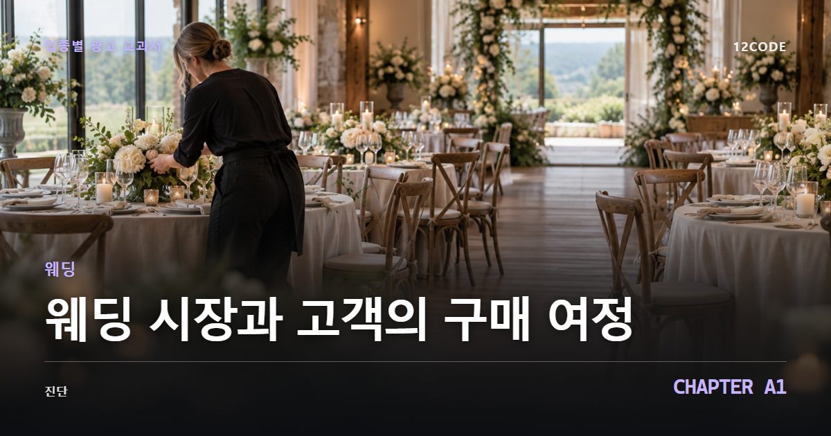 웨딩 업종별 광고 교과서 A1장, 시장과 고객의 구매 여정을 안내하는 표지 이미지