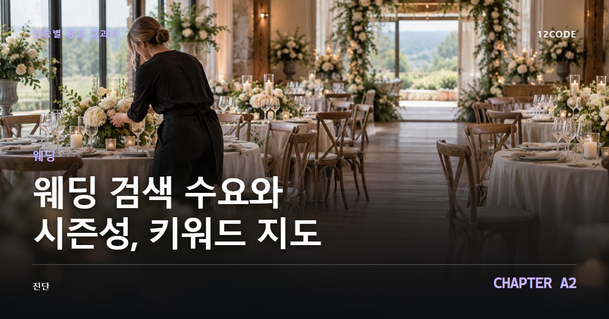 웨딩 업종별 광고 교과서 A2장, 검색 수요와 시즌성, 키워드 지도을 안내하는 표지 이미지