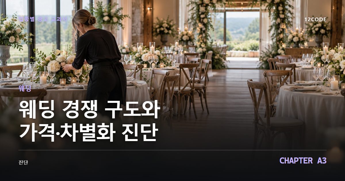 웨딩 업종별 광고 교과서 A3장, 경쟁 구도와 가격·차별화 진단을 안내하는 표지 이미지