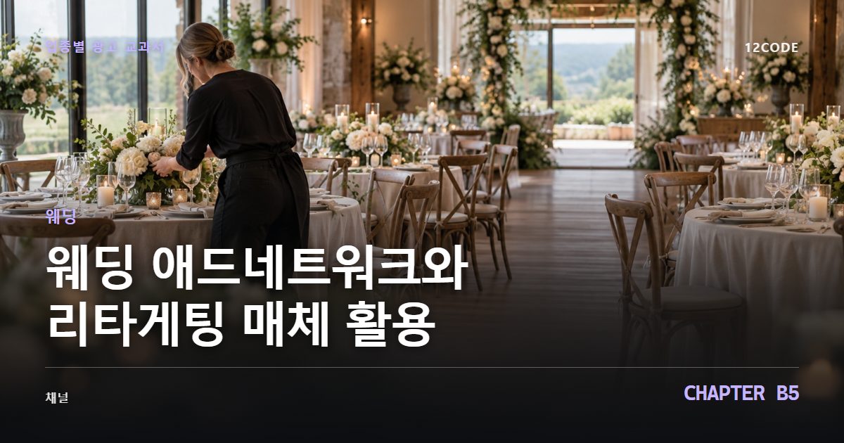 웨딩 업종별 광고 교과서 B5장, 애드네트워크와 리타게팅 매체 활용을 안내하는 표지 이미지