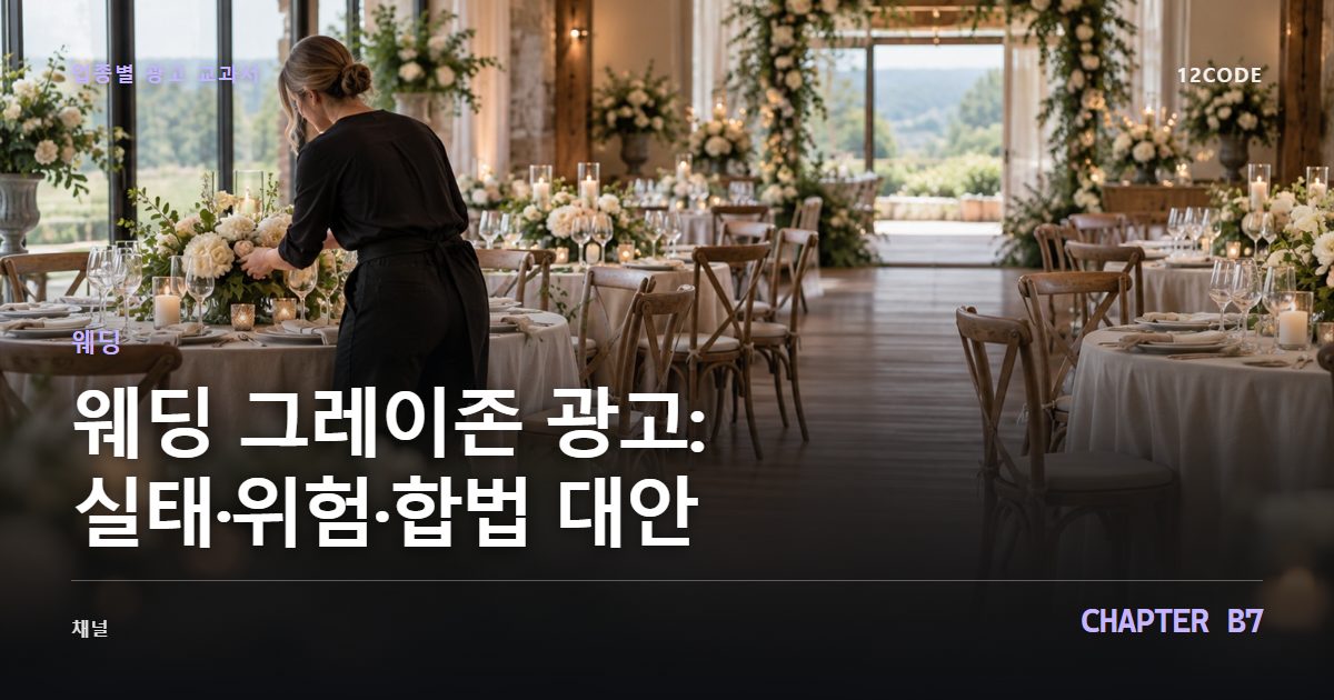 웨딩 업종별 광고 교과서 B7장, 그레이존 광고: 실태·위험·합법 대안을 안내하는 표지 이미지