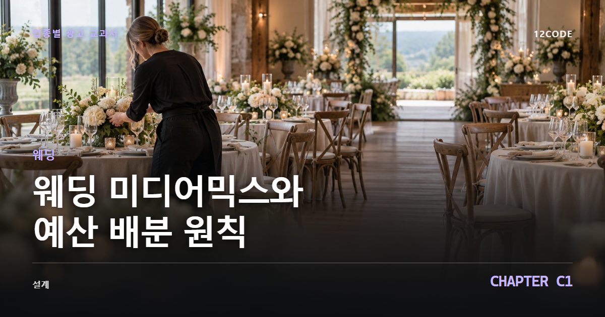 웨딩 업종별 광고 교과서 C1장, 미디어믹스와 예산 배분 원칙을 안내하는 표지 이미지