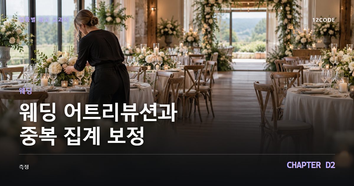 웨딩 업종별 광고 교과서 D2장, 어트리뷰션과 중복 집계 보정을 안내하는 표지 이미지