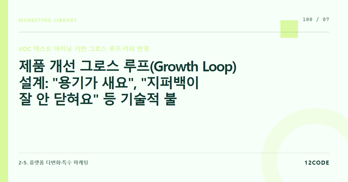 12code 라이브러리 아티클 표지. 제품 개선 그로스 루프(Growth Loop) 설계: "용기가 새요", "지퍼백이 잘 안 닫혀요" 등 기술적 불만 데이터를 제품 개발 팀에 즉각 피드백하는 프로세스