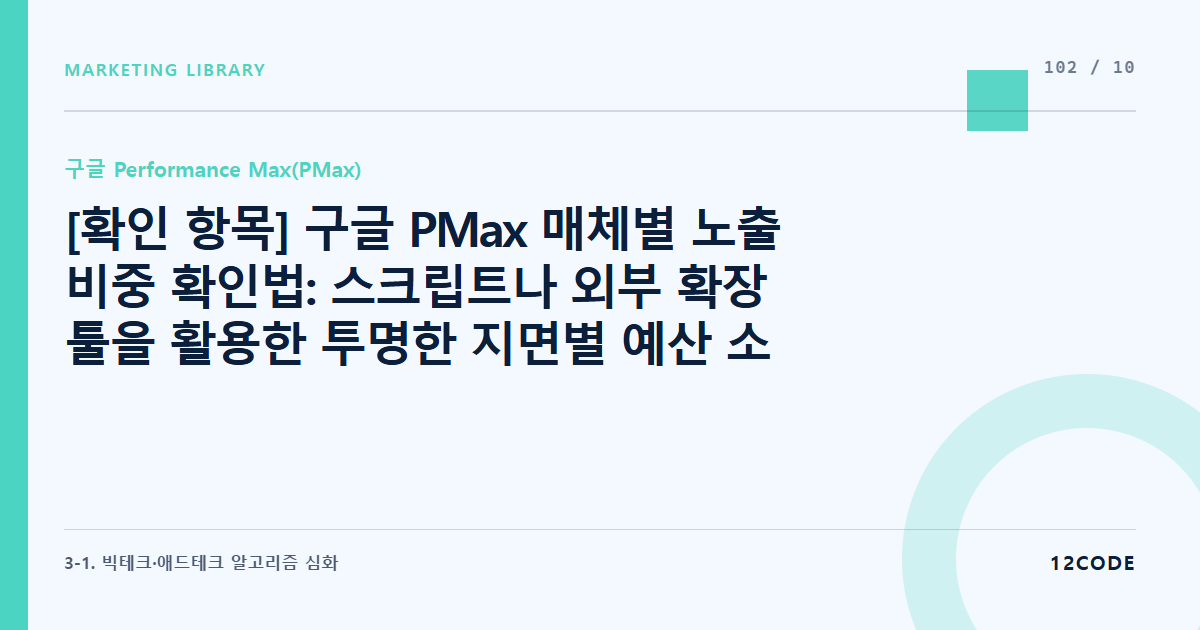 12code 라이브러리 아티클 표지. [확인 항목] 구글 PMax 매체별 노출 비중 확인법: 스크립트나 외부 확장 툴을 활용한 투명한 지면별 예산 소진 비율 역추적
