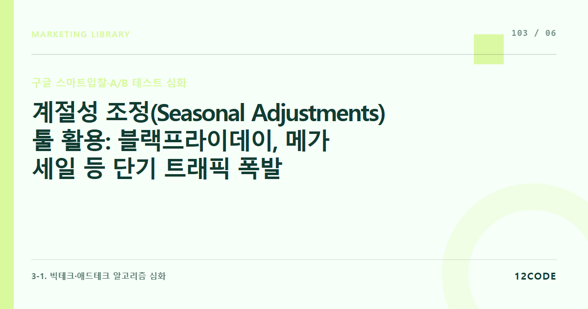 12code 라이브러리 아티클 표지. 계절성 조정(Seasonal Adjustments) 툴 활용: 블랙프라이데이, 메가 세일 등 단기 트래픽 폭발 시즌에 인위적으로 알고리즘 가중치 부여하기
