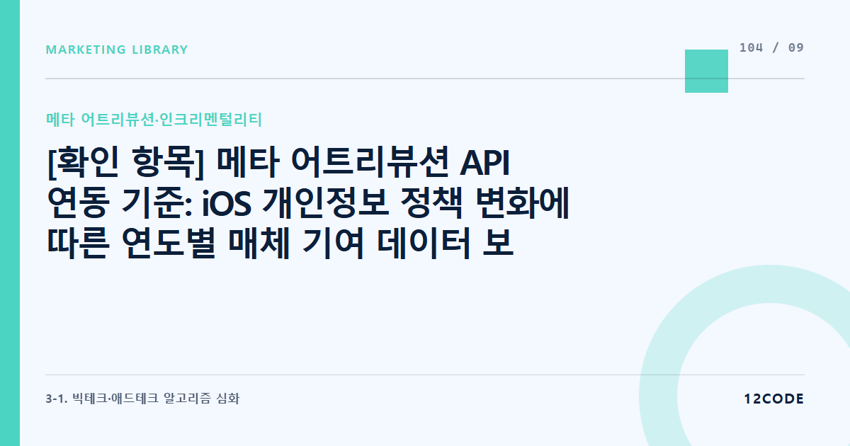 12code 라이브러리 아티클 표지. [확인 항목] 메타 어트리뷰션 API 연동 기준: iOS 개인정보 정책 변화에 따른 연도별 매체 기여 데이터 보정 모델(AEM) 작동 한계 점검