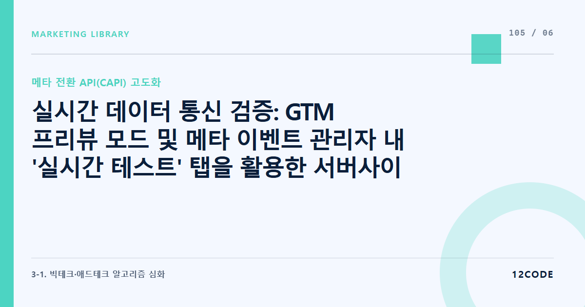 12code 라이브러리 아티클 표지. 실시간 데이터 통신 검증: GTM 프리뷰 모드 및 메타 이벤트 관리자 내 '실시간 테스트' 탭을 활용한 서버사이드 데이터 레이어 송수신 검수